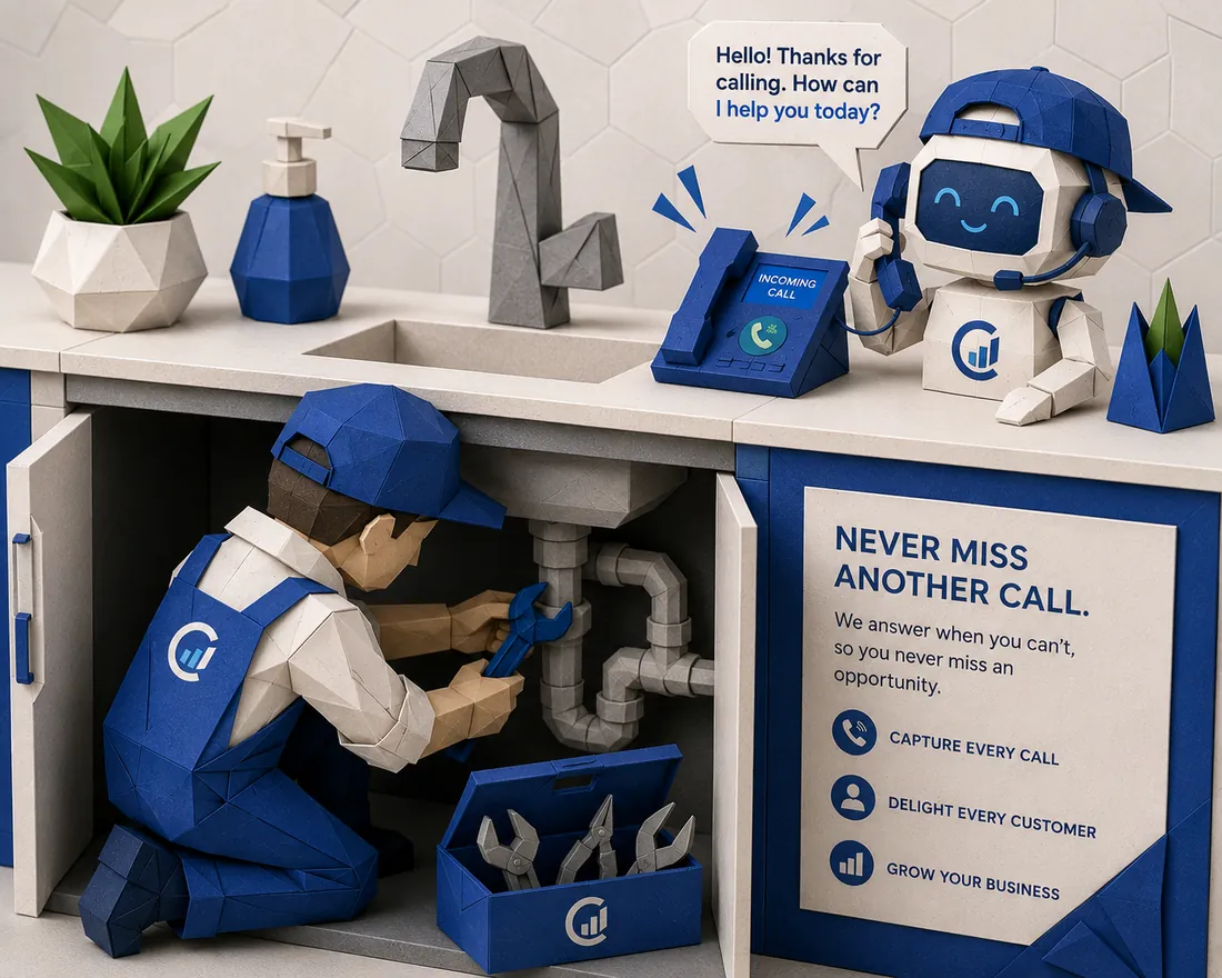 Paper-craft plumber fixing a sink while the call is answered