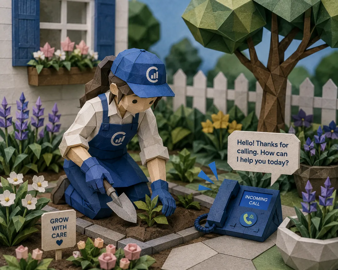 Paper-craft gardener planting while her phone is answered
